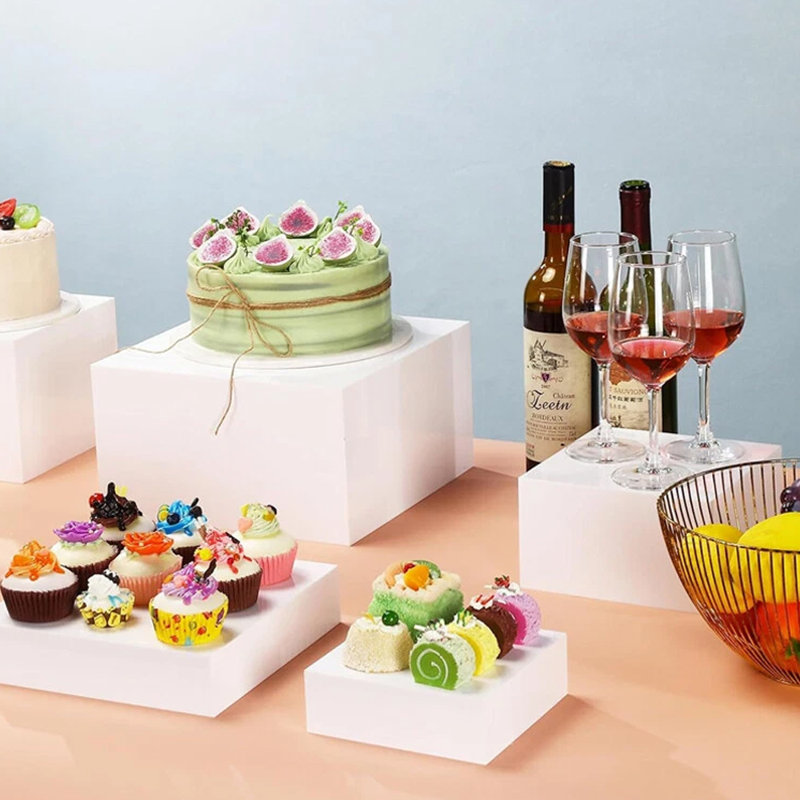 4PCS Acrylic Cube Display Box Riser Nesting Riser Stands for Dessert Cake Collectibles Jewelry Figures Show,Buffet Risers,Food Risers for Buffet Table(Four storage bags are included.)