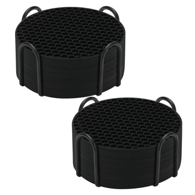 Ensemble de 16 sous-verres en silicone avec support - antidérapant, antiadhésif, anti-débordement et décor de table (noir, 16 pièces)