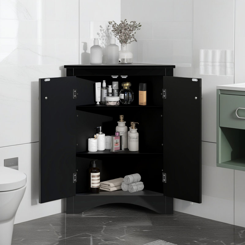 31.5″ H Triangle Bathroom Storage Cabinet With Adjustable Shelves, Freestanding Floor Cabinet, Black