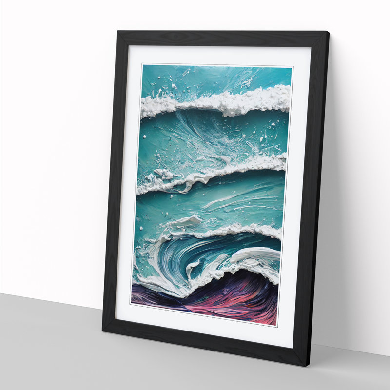 FRM-V0523-197X Beach Paint Pouring - Picture Frame Print, 64cm H x 46cm W, Walnut