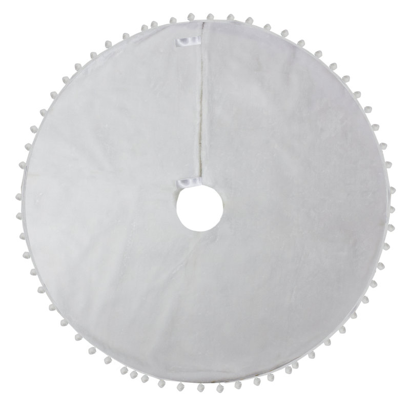 White Fabric Christmas Tree Skirt with Pom Pom Border