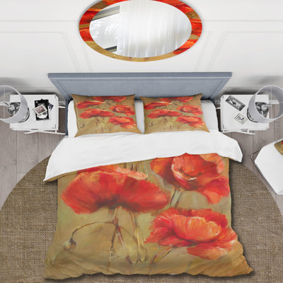Vintage Blooming Poppies I - Traditional Duvet Cover Set - Microfiber Polyester