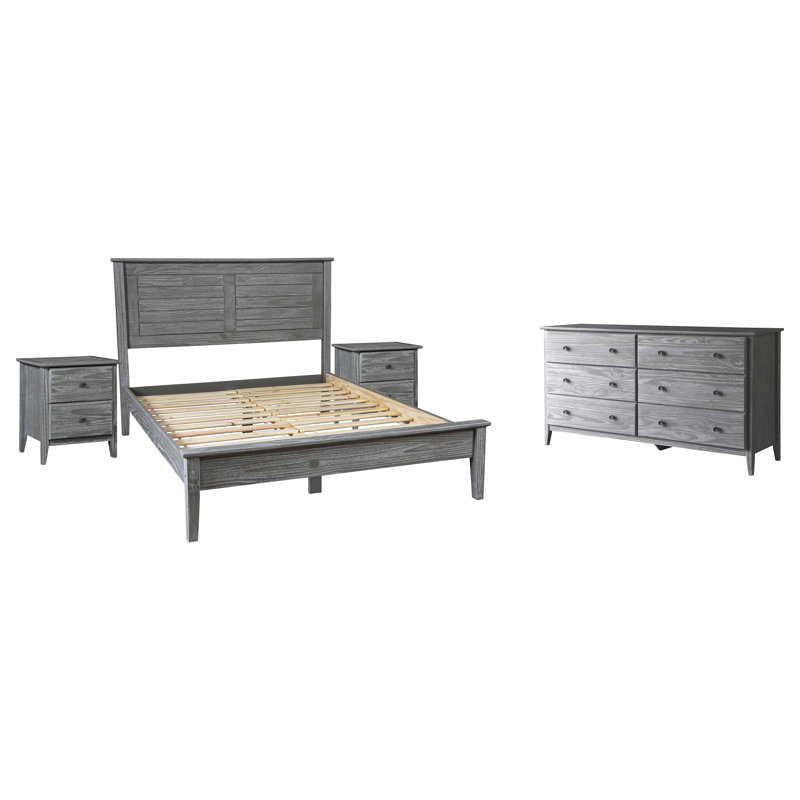 Greenport Solid Wood Piece Bedroom Set, Brushed Gray, Queen, 4 Pieces: Bed, 2 Nightstands, Dresser