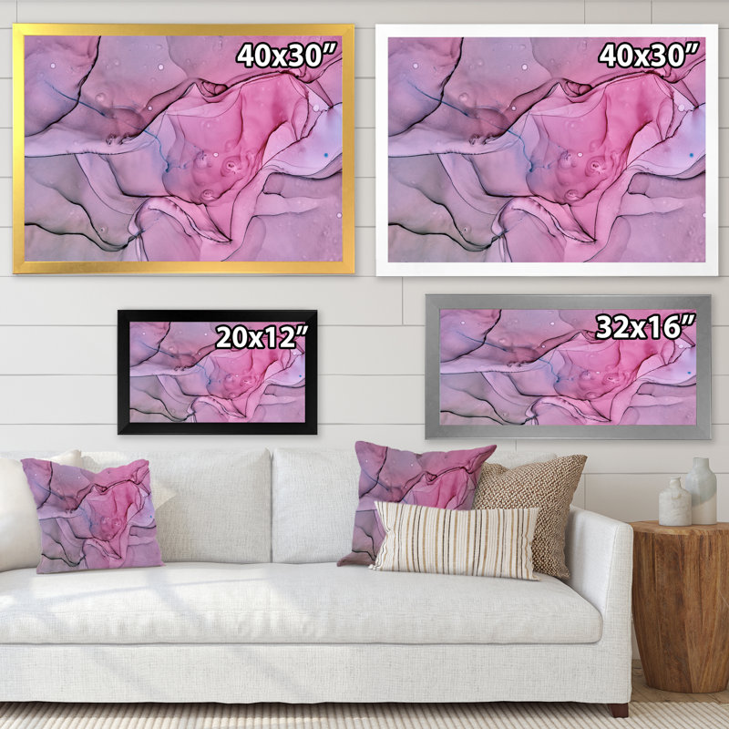 Paysage de marbre rose et mauve - peinture sur toile, H 34 po x l 44 po x P 1,5 po, Cadre photo argenté