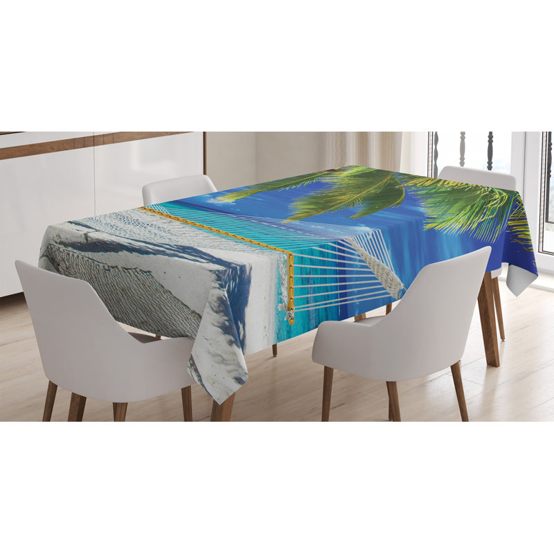 Hammock On The Sandy Beach Between Palm Coconut Overlooking Sea Nature Art Tablecloth, 84" x 60"