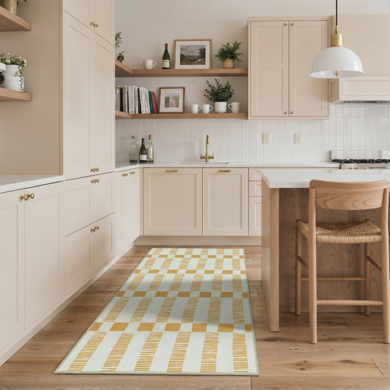 Mid-Century Checkerboard Machine Washable Area Rug, Mustard Yellow & Cream Soft Low-Pile Non-Slip Rug, Runner 2'6" x 8'