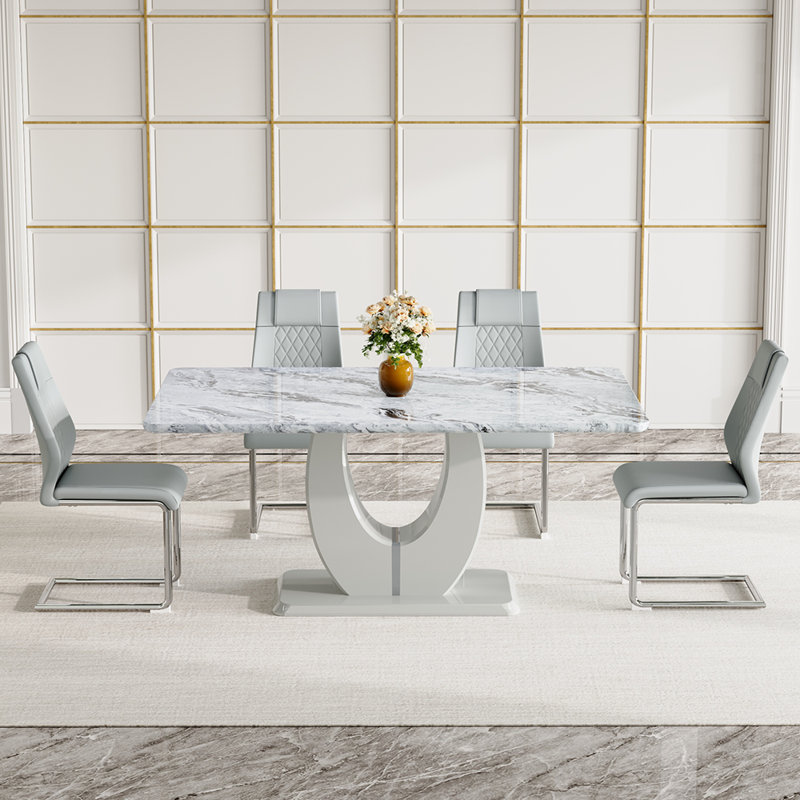  63'' Wooden Dining Table Set, Rectangle Gray Dining Table Set for 4/6 with Leather Chairs, 5, Light Gray