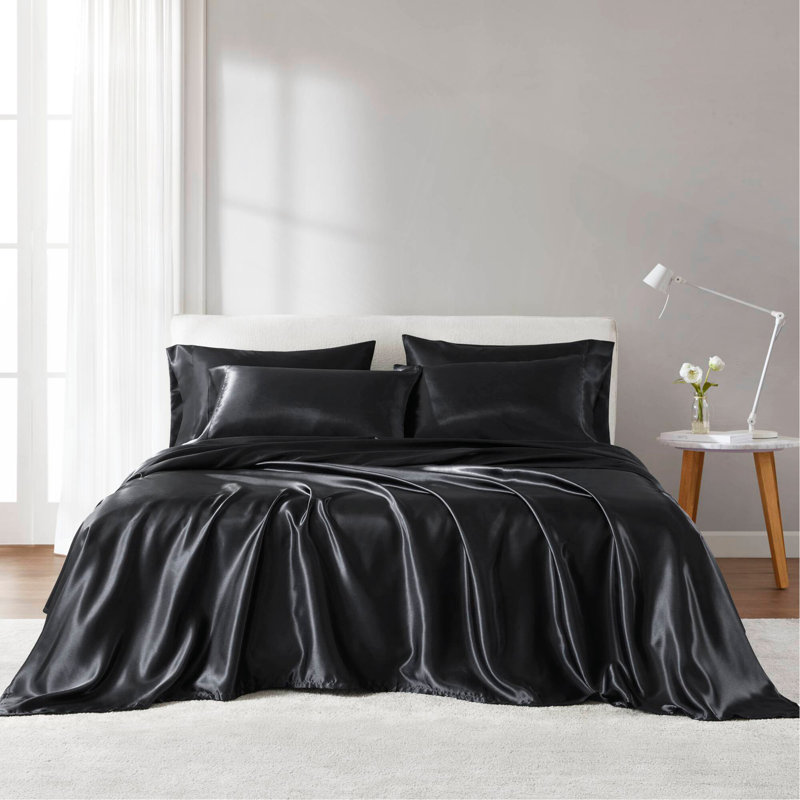 7 PCS Split King Luxury Sheet Set, Black, King Coverlet / Bedspread + 6 Additional Pieces