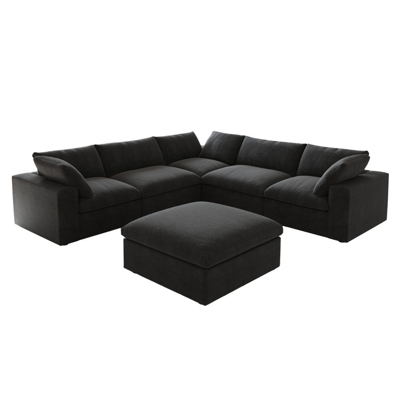 Kenda 6-Piece Upholstered Modern Linen Slipcovered Sectional Sofa With Ottoman, Black Linen