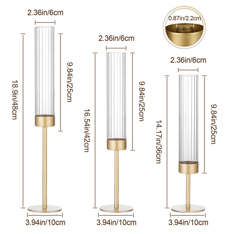 Set of 6 Gold Hurricane Candle Holders with Ribbed Glass Sleeves - Tall Taper Candlestick Centerpiece for Wedding & Home Decor