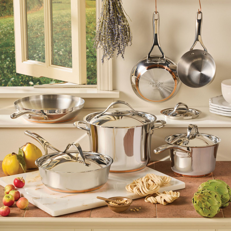 Anolon Nouvelle Copper Stainless Steel Cookware Induction Pots and Pans Set, 10 Piece, Silver