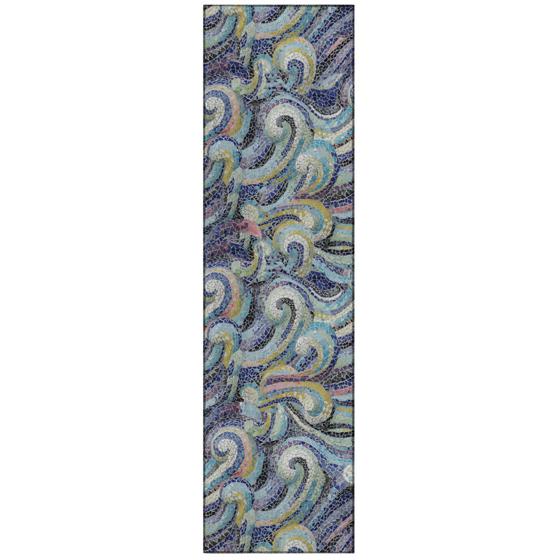 Tapis bleu / jaune en polyester tissé à la machine intérieur / extérieur Shorthill, Tapis de couloir 2 pi 3 po x 7 pi 6 po