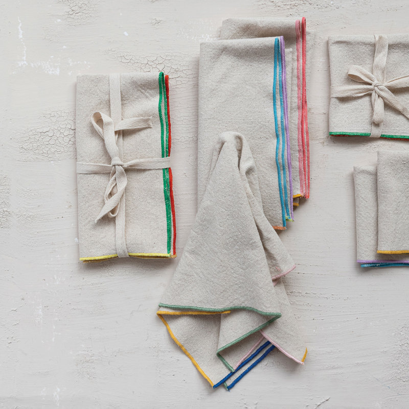 4-Piece Large Woven Cotton Cocktail Napkins With Stitched Colored Trim, Multicolor
