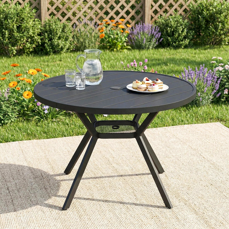42" Round Outdoor Patio Dining Table, All-weather Metal Patio Table With Adjustable Umbrella Hole, Outdoor Furniture For Lawn, Garden, Backyard