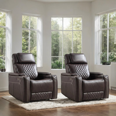 36" Wide Faux Leather Power Reclining Home Theater Seat With LED Lighting, USB Port, Cup Holders & Storage(Set Of 2)