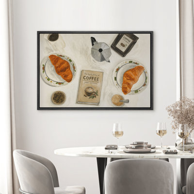 Warm Neutral Coffee and Croissant Breakfast Still Life Framed Canvas Master Bedroom Wall Art Work Print