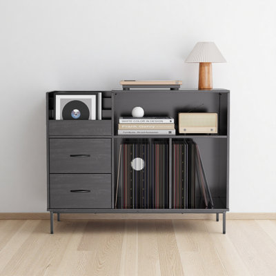 Eco-Friendly Record Player Stand With Flip-Top - Wood Vinyl Storage Cabinet With 2-Outlet Power Strip, Drawers & Dustproof Cubbies, Media Console For Living Room/Study