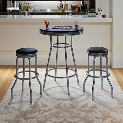 Defreitas Black and Chrome Finish 3-Piece High Table with Bar Stools, 40.62" H X 29.96" D X 29.61" L