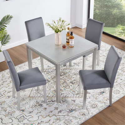 Ensemble de table de salle à manger 5 pièces, ensemble de table de cuisine avec une table carrée et 4 chaises rembourrées, table de salle à manger en bois avec décoration en cristal et ensemble de chaises pour la cuisine, la salle à manger, gris argenté