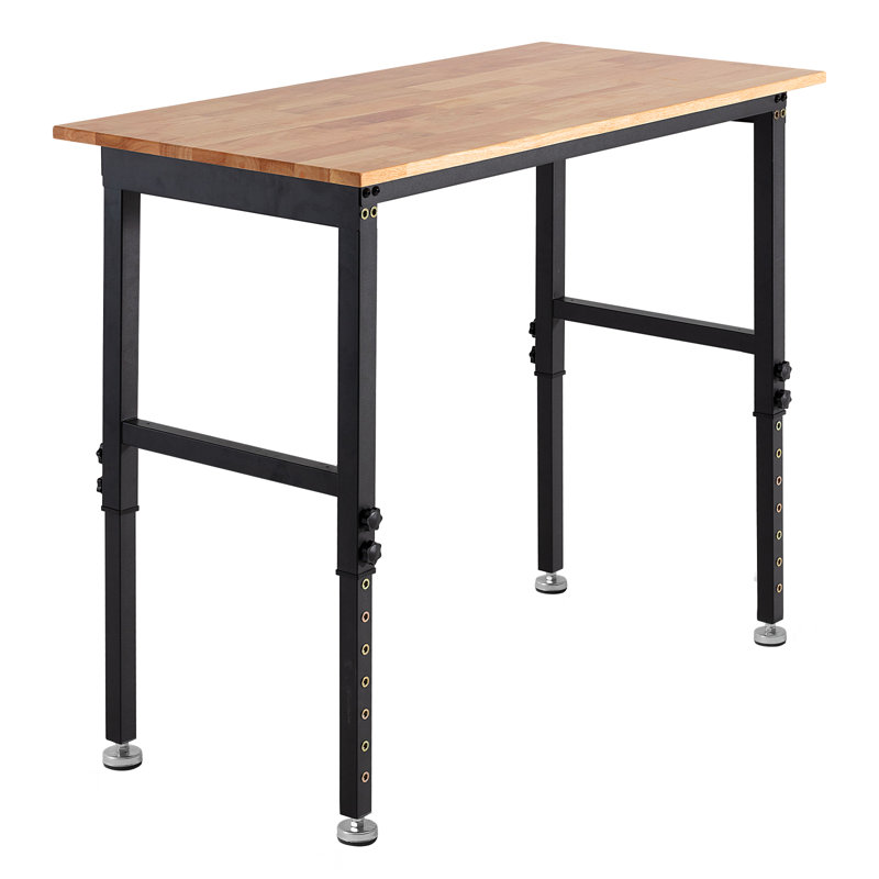 Établi réglable, capacité de 1 500 lb, établi en bois de chêne de 48 po x 24 po avec réglage de la hauteur de 26,3 à 40,2 po, table de travail en bois franc robuste pour garage, atelier, maison, bureau, commercial