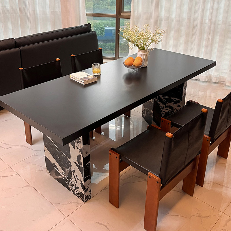 Black Rectangular Solid Wood + Sintered Stone tabletop Dining Table, 29.53" H x 70.87" L x 31.5" W