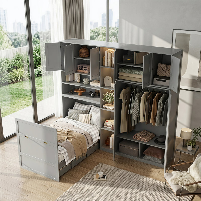 Lit simple escamotable avec garde-robe et tablettes de rangement pour économiser de l'espace, Gris
