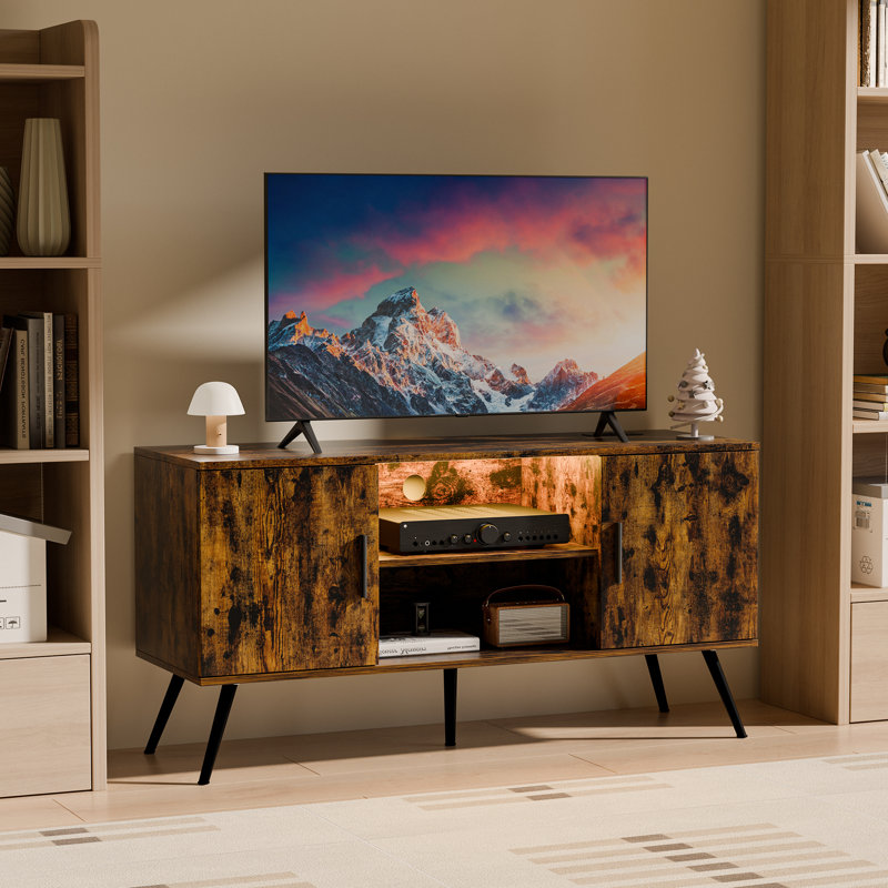Caelum LED TV Stand Media Entertainment Centre Table With  Adjustable Shelf  And 2 Cabinets, Brown Wood