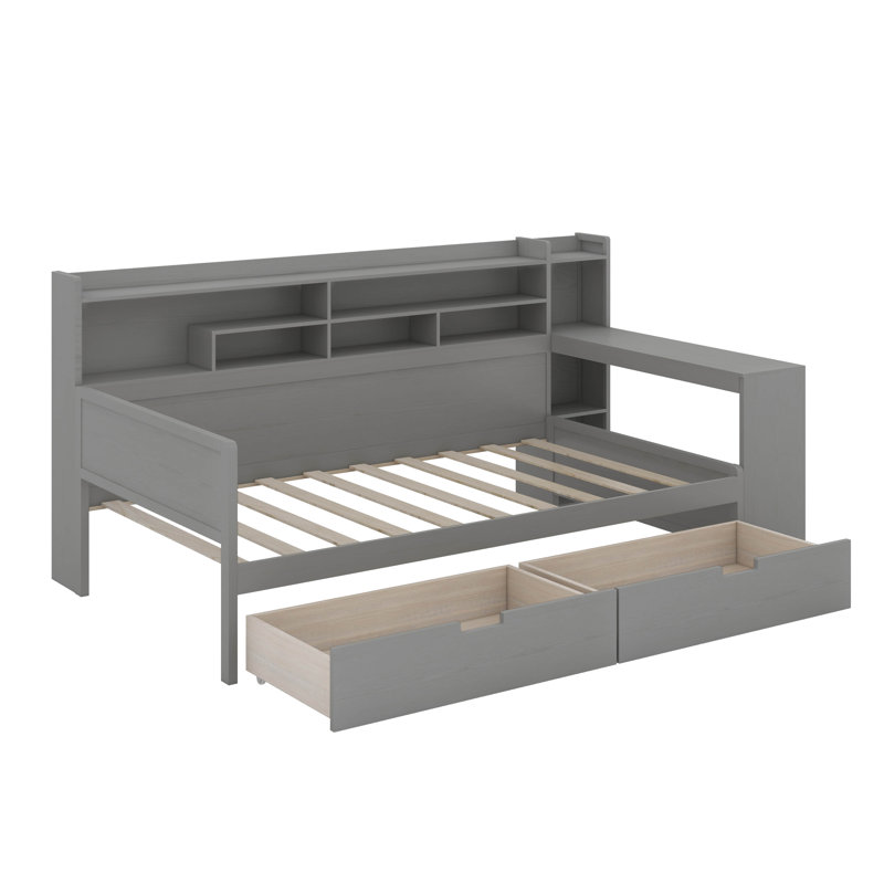 Lit de jour simple avec tablettes et tiroirs de rangement, Gris