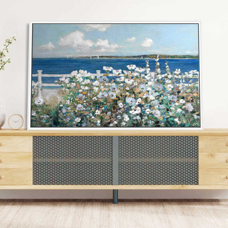 Bayside Garden par Sally Swatland - Peinture, L 51,5 po x H 31,5 po, Cadre blanc