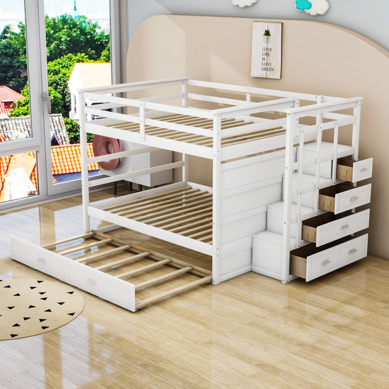 Jarrian Kids Full Over Full Bunk Bed with Trundle with Drawers, White