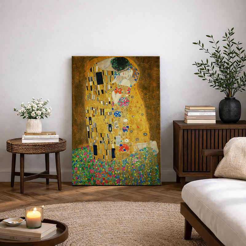 Famous Artwork "The Kiss by Gustav Klimt - Extra Large Framed Canvas Giclee Painting Print Wall Art", Wrapped Canvas