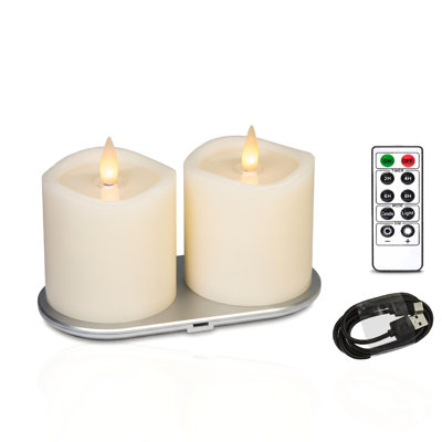 Rechargeable Real Wax Flameless Pillar Candle with Wax Pool, 3D Moving Flame, Type-C Charging, Remote & Timer, Ivory 3''x3'', Set of 2