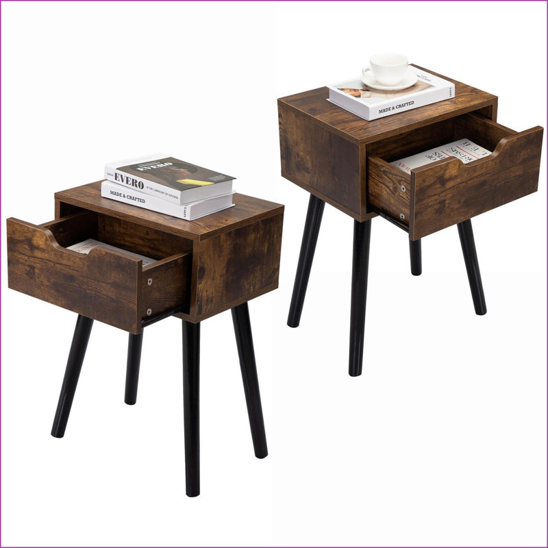 Ensemble de 2 tables de chevet Mid-Century rustiques avec 1 tiroir
