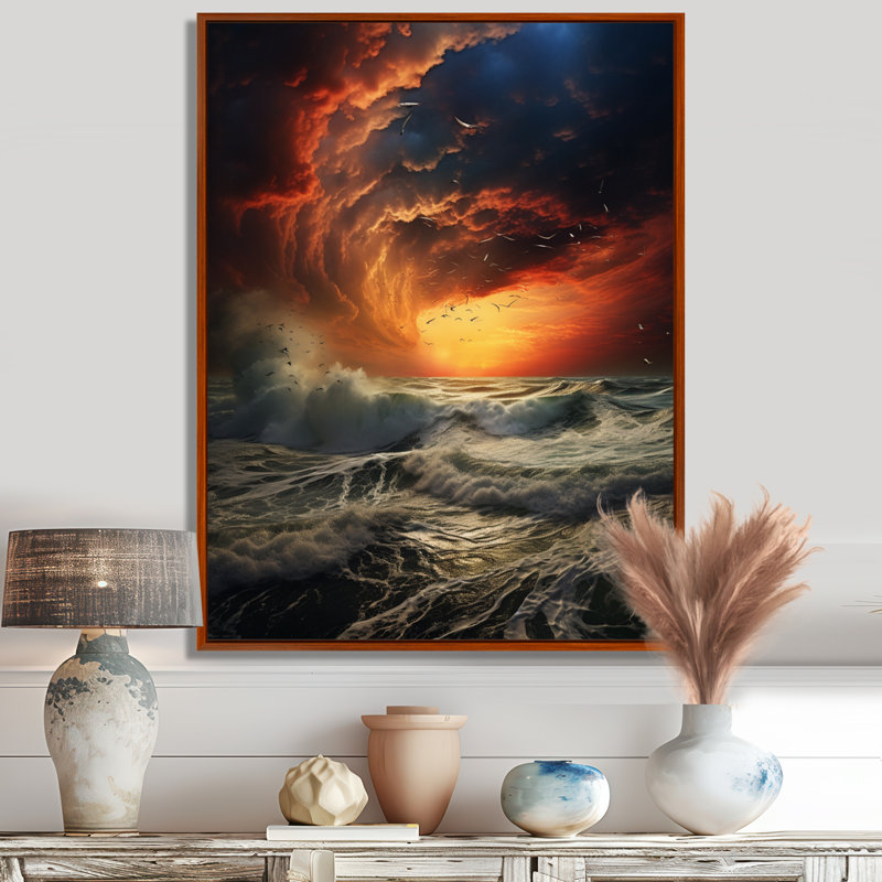 «Wild Ocean Storm Dark Clouds Red Sky - Beach & Ocean», reproduction d'art, Toile avec cadre flottant brun