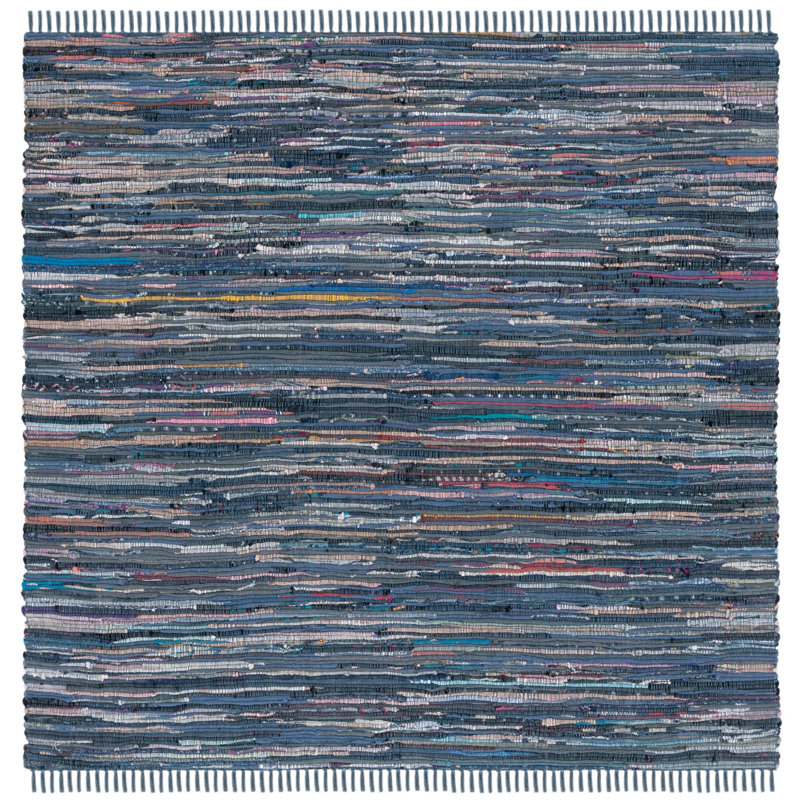 Tapis bleu abstrait en coton tissé à plat Feliciano, Carré 6 pi