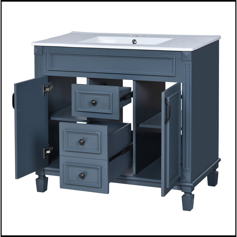 Meuble-lavabo 36 po avec lavabo supérieur, armoire à miroir bleu royal, armoire de rangement moderne avec 2 portes à fermeture douce et 2 tiroirs, meuble-lavabo simple