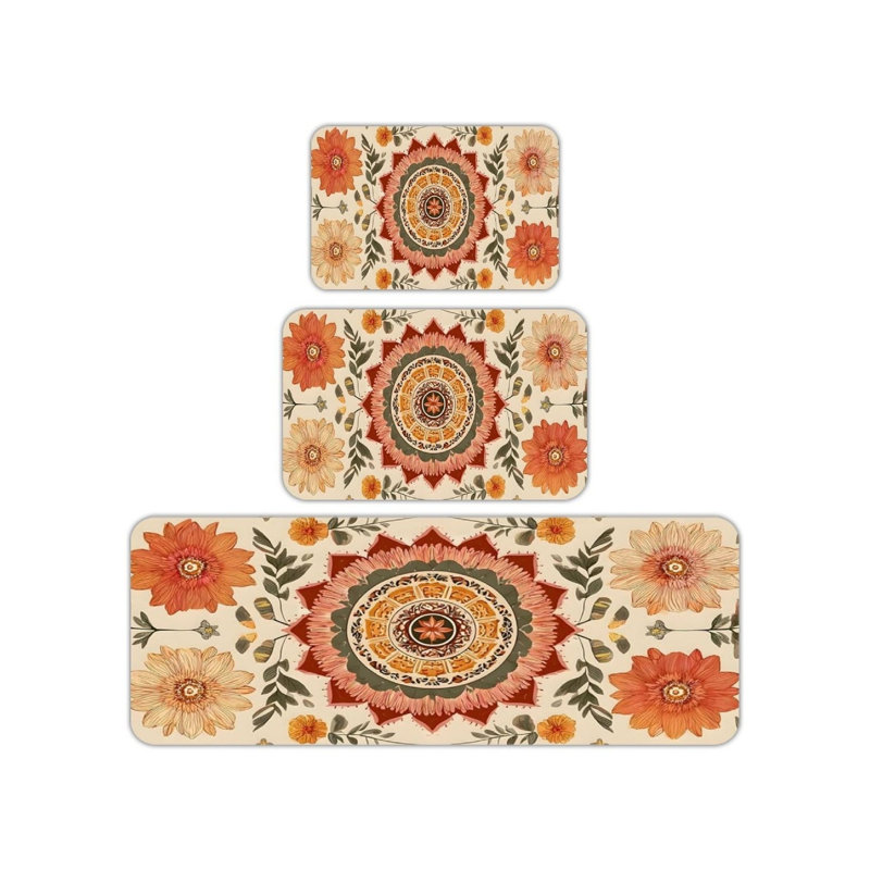 Tapis de cuisine 3 pièces Boho Mandala, Orange / vert floral 4