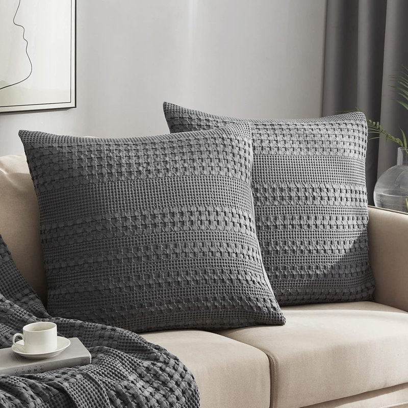 Taies d'oreiller tissées gaufrées 100% coton, ensemble de 2 taies décoratives respirantes douces, Grand lit, gris