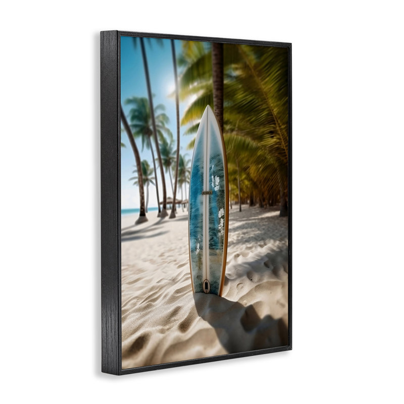 «Blue Surfboard Coastal Blur», estampe numérique, design par LSR Design Studio, Giclée encadrée noir minuit