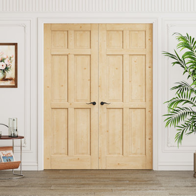 Interior 6-Panel Pine Wood Door, Colonial Natural Solid Pine Double French Doors, White Frame & Matte Black Hardware-Privacy Door Lever with Lock, Latch & Hinges, Unfinished & Paintable, Pantry, Room, Bedroom, Bathroom & Closet, 72"x 80"