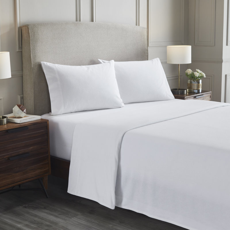 Ensemble de draps 100% flanelle Rome, Ensemble de draps pour grand lit avec 2 taies d'or, Blanc