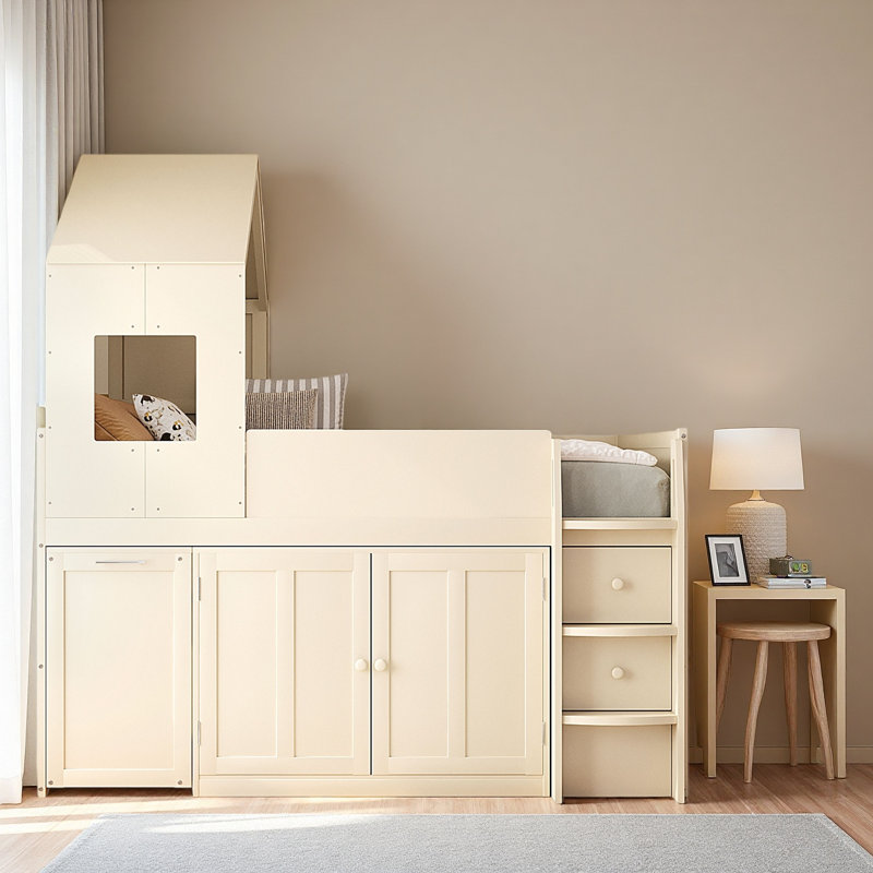 Lit mezzanine simple en bois avec bureau, tiroirs, armoires, Beige