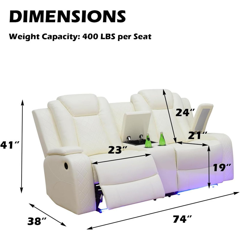 Averl-73" W Breathable Leather Dual Motor Power Reclining Loveseat Sofa With Storage Armrest And Blue LED Lights, Soft Cream