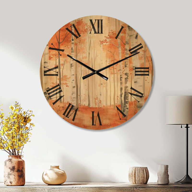 Forest Amber Birch I - Horloge murale rustique ronde, imprimée sur bois, Médium