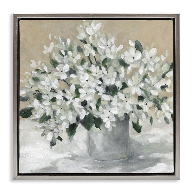 «Pots White Blooms» par Carol Robinson, Cadre flottant gris lustré, H 18 po x l 18 po
