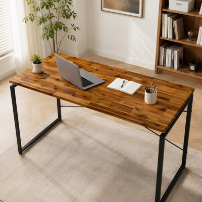 Solid Wood Top Rectangular Writing Desk, Oak and Black