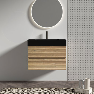 Meuble-lavabo de 30 pi avec lavabo à quartz en chêne et tiroirs souples, meuble-lavabo mural flottant pour salle de bain moderne, lavabo sans drain ni robinet