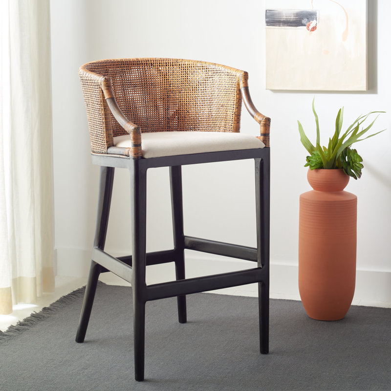 Grifton Solid Wood Saddle Seat Bar Stool, White Cushion/Brown Frame