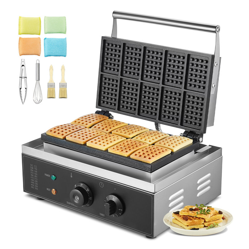 Gaufrier commercial à 10 tranches, gaufrier rectangulaire en acier inoxydable avec température et minuterie réglables, boulanger de comptoir antiadhésif pour le petit déjeuner