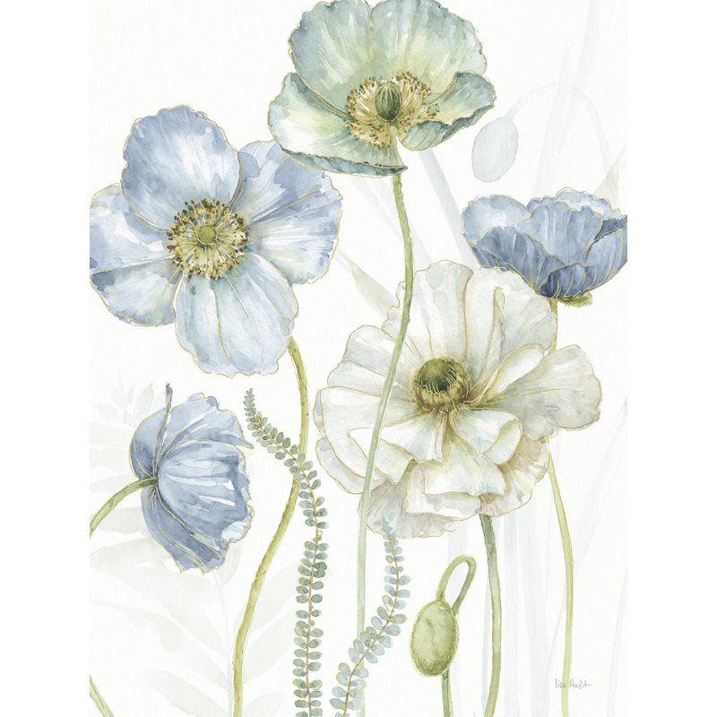 Coquelicots, doré, bleu, fougère, blanc II, H 26 po x l 50 po x P 1,5 po